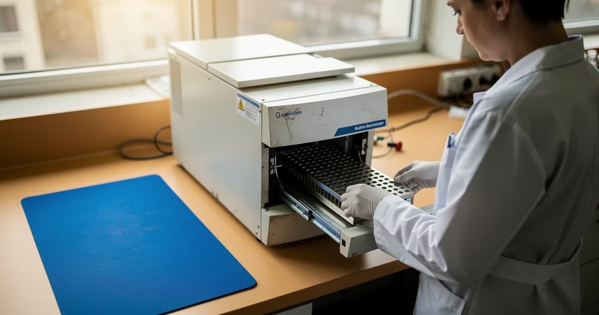 A laboratory technician checking an autosampler tray beside a chromatography instrument