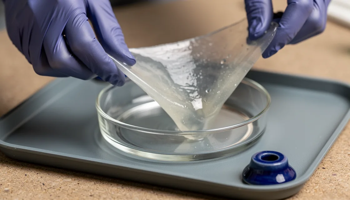 Gloved hands lifting a translucent hydrogel sheet above a shallow dish