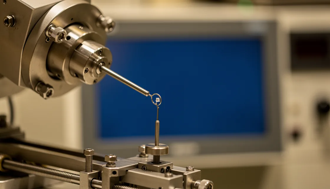 A mounted protein-crystal loop inside an X-ray diffraction instrument